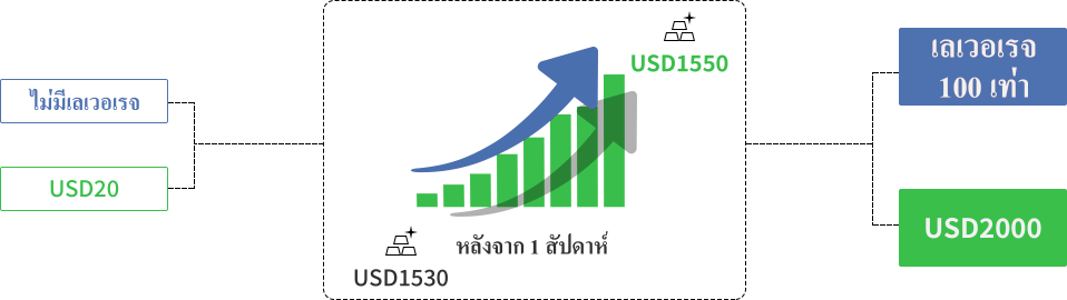 ภาพที่แสดงวิธีการใช้ประโยชน์จากเลเวอเรจที่ส่งผลต่อกำไรหรือขาดทุนของคุณระหว่างการซื้อขาย